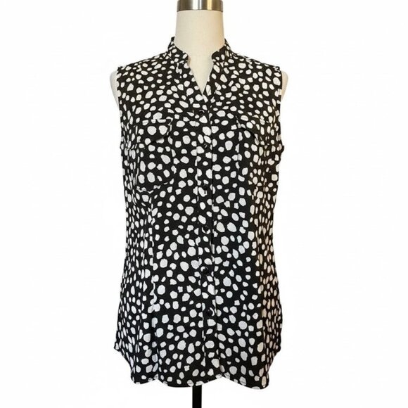 Notations Medium Sleeveless Tunic Top Black White Pattern Mandarin Neck Pocket - Picture 1 of 11